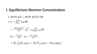 1. Equilibrium Electron Concentration
캐리어 농도 = 캐리어 분포의 적분
( )
n = n dE
∫EC
Etop
E
= dη
π ℏ
2 3
(m kT)
2 n
∗ 3/2
∫0
∞
1+exp(η−η )
c
η
η = ,  η =
kT
E−EC
c kT
E −E
F C
= N F (η ) =
C π
2
1/2 c N F (η ) ≃
C 1/2 c N exp[η ]
C c
 