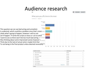 Audience research
This question we can see bad acting and unrealistic
Is undesired, which could be a problem since that’s most
Likely what’s going to happen, however I will try not
Let it happen. I’ll write the script as close as I can to what
I want to see so there won’t be too much bad acting. I
Was thinking about some improvised scenes however I
Think due to the lack of actual actors maybe limit that
To not being in the final product unless deemed necessary.
 