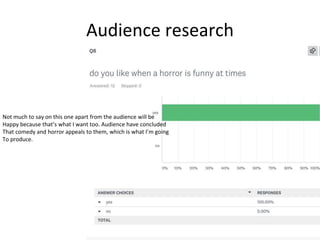Audience research
Not much to say on this one apart from the audience will be
Happy because that’s what I want too. Audience have concluded
That comedy and horror appeals to them, which is what I’m going
To produce.
 