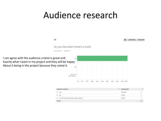 Audience research
I can agree with the audience a twist is great and
Exactly what I want in my project and they will be happy
About it being in the project because they voted it.
 