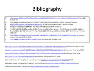 Bibliography
1. https://www.reddit.com/r/FanTheories/comments/3mgh0i/misfits_the_seven_original_misfits_represent_the/ (made
2016) Reddit
2. https://www.youtube.com/watch?v=W3KQyV3r5d8 (made 2020) Inside No.9 Devil of Christmas Youtube
3. https://www.youtube.com/watch?v=OeBeZqrl6Xk (made 2020) Inside no.9 Cold Comfort Youtube
4. Peepshow (2003) David Mitchel and Robert Webb Objective Media Group
5. The Office (2005) Greg Daniels Deedle-Dee Productions 3 Arts Entertainment Reveille Productions (2005–12) Shine
America (2012–13) NBC Universal Television Studio (2005–07) Universal Media Studios (2007–11) Universal Television
(2011–13)
6. https://www.surveymonkey.com/analyze/VH_2FgbdZKWW_2BP1SlX6KO97PcsK_2BxsjVSTSM7xnnjxfUs_3D audience
research (conducted March 2021)
7. https://www.youtube.com/watch?v=sF7e1ZRzjlE DIY horror effects (made 2019)
https://www.youtube.com/watch?v=FUQhNGEu2KA&list=PLGRZsFfCA9c3E79YbRfVTZOBUcgt9Ws5p&index=9 Ponysmasher Lights out (2013)
https://www.youtube.com/watch?v=fjck1TNXXhI&list=PLGRZsFfCA9c3E79YbRfVTZOBUcgt9Ws5p&index=4 Ponysmasher Closet Space (2016)
https://www.youtube.com/watch?v=fjck1TNXXhI&list=PLGRZsFfCA9c3E79YbRfVTZOBUcgt9Ws5p&index=4 Ponysmasher Coffer (2014)
https://www.youtube.com/watch?v=XWMvsB8TgHQ Ponyshamsher making of Closet space (2016)
MyAnnabelleCreation Filmmaking Tips 4 – Scares. Ponysmasher https://www.youtube.com/watch?v=h0mj1Y4Etp0 (2017)
MyAnnabelleCreation Filmmaking Tips 2 - Keeping it Short. Ponysmasher https://www.youtube.com/watch?v=v08u8TNo5Us (2017)
How to terrify your audience. The closer look https://www.youtube.com/watch?v=EzRHGS-HUdE
 
