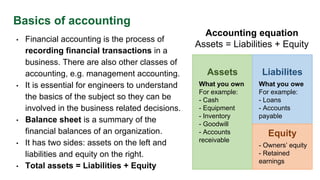 Basics of accounting
• Financial accounting is the process of
recording financial transactions in a
business. There are also other classes of
accounting, e.g. management accounting.
• It is essential for engineers to understand
the basics of the subject so they can be
involved in the business related decisions.
• Balance sheet is a summary of the
financial balances of an organization.
• It has two sides: assets on the left and
liabilities and equity on the right.
• Total assets = Liabilities + Equity
Accounting equation
Assets = Liabilities + Equity
Assets
Equity
Liabilites
What you own
For example:
- Cash
- Equipment
- Inventory
- Goodwill
- Accounts
receivable
What you owe
For example:
- Loans
- Accounts
payable
- Owners’ equity
- Retained
earnings
 