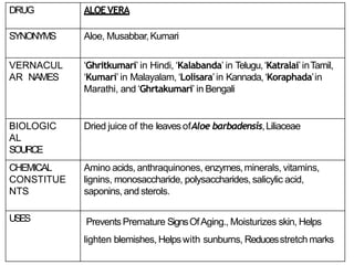 DRUG ALOEVERA
SYNONYMS Aloe, Musabbar,Kumari
VERNACUL
AR NAMES
‘Ghritkumari’ in Hindi, ‘Kalabanda’ in Telugu,‘Katralai’inTamil,
‘Kumari’ in Malayalam, ‘Lolisara’in Kannada,‘Koraphada’in
Marathi, and ‘Ghrtakumari’ in Bengali
BIOLOGIC
AL
SOURCE
Dried juice of the leaves ofAloe barbadensis,Liliaceae
CHEMICAL
CONSTITUE
NTS
Amino acids, anthraquinones, enzymes,minerals, vitamins,
lignins, monosaccharide, polysaccharides, salicylic acid,
saponins, and sterols.
USES Prevents Premature SignsOfAging., Moisturizes skin, Helps
lighten blemishes, Helpswith sunburns, Reducesstretch marks
 