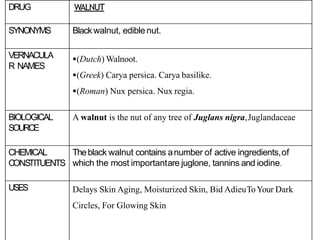 DRUG WALNUT
SYNONYMS Blackwalnut, ediblenut.
VERNACULA
R NAMES
(Dutch) Walnoot.
(Greek) Carya persica. Carya basilike.
(Roman) Nux persica. Nux regia.
BIOLOGICAL
SOURCE
A walnut is the nut of any tree of Juglans nigra,Juglandaceae
CHEMICAL
CONS
TITUENTS
Theblack walnut contains anumber of active ingredients,of
which the most importantare juglone, tannins and iodine.
USES Delays Skin Aging, Moisturized Skin, Bid AdieuToYour Dark
Circles, For Glowing Skin
 