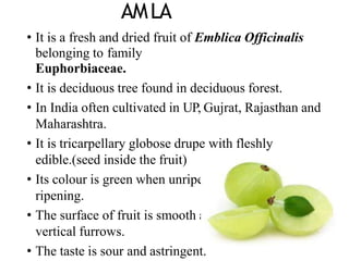 AMLA
• It is a fresh and dried fruit of Emblica Officinalis
belonging to family
Euphorbiaceae.
• It is deciduous tree found in deciduous forest.
• In India often cultivated in UP, Gujrat, Rajasthan and
Maharashtra.
• It is tricarpellary globose drupe with fleshly
edible.(seed inside the fruit)
• Its colour is green when unripe but turns yellow on
ripening.
• The surface of fruit is smooth and shiny with six
vertical furrows.
• The taste is sour and astringent.
 