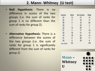 • Null Hypothesis: There is no
difference in scores of the two
groups (i.e. the sum of ranks for
group 1 is no different than the
sum of ranks for group 2).
• Alternative Hypothesis: There is a
difference between the scores of
the two groups (i.e. the sum of
ranks for group 1 is significantly
different from the sum of ranks for
group 2)
2. Mann- Whitney (U test)
 