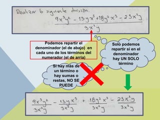 Podemos repartir el
denominador (el de abajo) en
cada uno de los términos del
numerador (el de arria)
Solo podemos
repartir si en el
denominador
hay UN SOLO
término
Si hay más de
un término o
hay sumas o
restas, NO SE
PUEDE
 