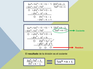 Residuo
El resultado de la división es el cociente
Cociente
 