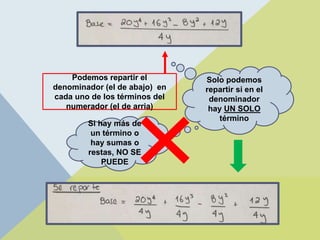 Podemos repartir el
denominador (el de abajo) en
cada uno de los términos del
numerador (el de arria)
Solo podemos
repartir si en el
denominador
hay UN SOLO
término
Si hay más de
un término o
hay sumas o
restas, NO SE
PUEDE
 