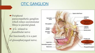 OTIC GANGLION
Peripheral
parasympathetic ganglion
which relays secretomotar
fibres to parotid gland.
 it is related to
mandibular nerve
but functionally it is a part
of glossopharyngeal nerve.
Trigeminal
ganglion
Otic
ganglion
 