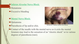 Inferior Alveolar Nerve Block:
Hematoma
Excessive bleeding
Mental Nerve Block:
Hematoma
Paresthesia of lip and/or chin.
Contact of the needle with the mental nerve as it exits the mental
foramen may lead to the sensation of an “electric shock” or to various
degrees of paresthesia (rare). 
Hematoma: bilateral mental nerve blocks.
 