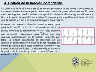 4. Gráfica de la función cotangente.
La gráfica de la función cotangente se construye a partir de las líneas trigonométricas
correspondientes a la cotangente de cada uno de los ángulos seleccionados. En este
caso, los ángulos para los cuales no es posible obtener las líneas trigonométricas son
0, 𝜋 y 2𝜋 como se muestra en la tabla de valores y en la gráfica, entonces, se dice
que la función y = cot x no está definida para esos valores.
Además del método descrito anteriormente para
graficar la función y = cot x, se puede construir la
gráfica mediante la relacióncot 𝑥 =
1
tan 𝑥
, esto significa
que la función cotangente toma valores que son
inversos multiplicativos de la función tangente, por
tanto, la función cotangente es indefinida en los
valores en donde tan x = 0, esto es en los múltiplos de
normal pi, así que para estos valores la función y = cot
x tiene asíntotas verticales. La siguiente figura muestra
la gráfica de la función y = cot x para valores de x
entre −3𝜋 y 3𝜋 .
 