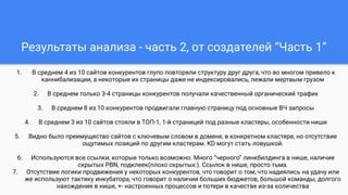 Результаты анализа - часть 2, от создателей “Часть 1”
1. В среднем 4 из 10 сайтов конкурентов глупо повторяли структуру друг друга, что во многом привело к
каннибализации, а некоторые их страницы даже не индексировались, лежали мертвым грузом
2. В среднем только 3-4 страницы конкурентов получали качественный органический трафик
3. В среднем 8 из 10 конкурентов продвигали главную страницу под основные ВЧ запросы
4. В среднем 3 из 10 сайтов стояли в ТОП-1, 1-й страницей под разные кластеры, особенности ниши
5. Видно было преимущество сайтов с ключевым словом в домене, в конкретном кластере, но отсутствие
ощутимых позиций по другим кластерам. KD могут стать ловушкой.
6. Используются все ссылки, которые только возможно. Много “черного” линкбилдинга в нише, наличие
скрытых PBN, подклеек(плохо скрытых:). Ссылок в нише, просто тьма.
7. Отсутствие логики продвижения у некоторых конкурентов, что говорит о том, что надеялись на удачу или
же используют тактику инкубатора, что говорит о наличии больших бюджетов, большой команды, долгого
нахождения в нише, +- настроенных процессов и потери в качестве из-за количества
 
