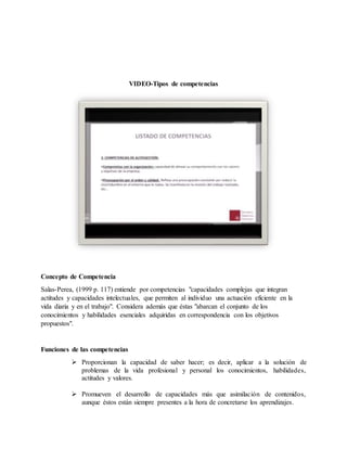 VIDEO-Tipos de competencias
Concepto de Competencia
Salas-Perea, (1999 p. 117) entiende por competencias "capacidades complejas que integran
actitudes y capacidades intelectuales, que permiten al individuo una actuación eficiente en la
vida diaria y en el trabajo". Considera además que éstas "abarcan el conjunto de los
conocimientos y habilidades esenciales adquiridas en correspondencia con los objetivos
propuestos".
Funciones de las competencias
 Proporcionan la capacidad de saber hacer; es decir, aplicar a la solución de
problemas de la vida profesional y personal los conocimientos, habilidades,
actitudes y valores.
 Promueven el desarrollo de capacidades más que asimilación de contenidos,
aunque éstos están siempre presentes a la hora de concretarse los aprendizajes.
 