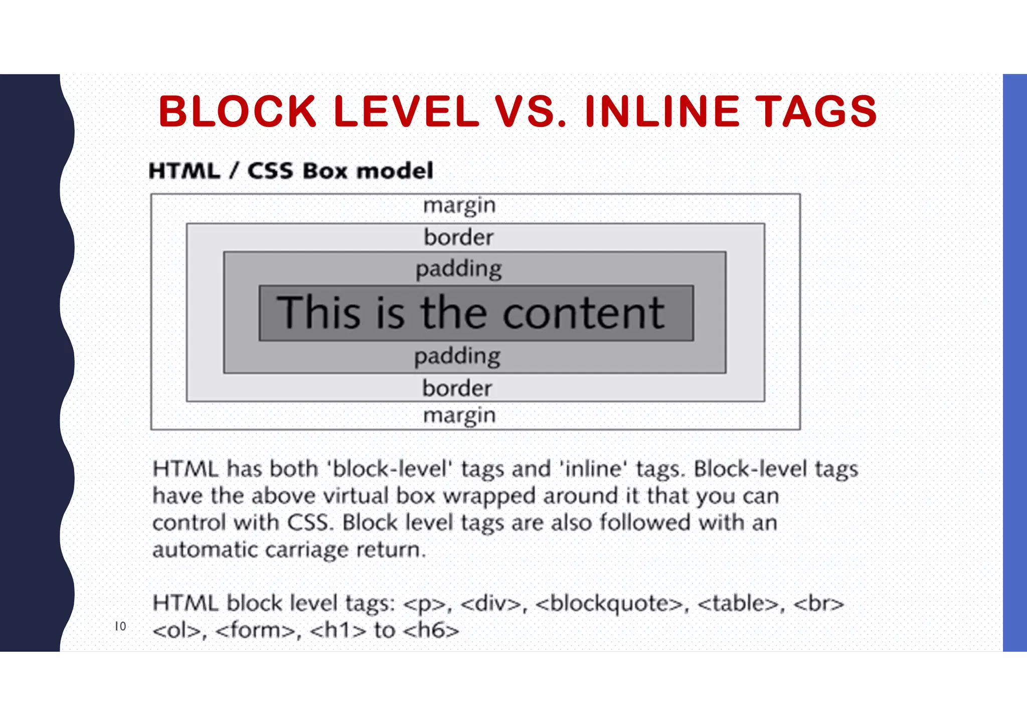 10
BLOCK LEVEL VS. INLINE TAGS
 