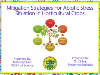 Mitigation Strategies For Abiotic Stress
Situation In Horticultural Crops
Presented by:
Mandeep Kaur
PhD Fruit Science
Presented to:
Dr J S Brar
Senior Horticulturist
 