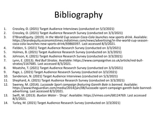 Bibliography
1. Crossley, O. (2021) Target Audience Interviews (conducted on 5/3/2021)
2. Crossley, O. (2021) Target Audience Research Survey (conducted on 3/3/2021)
3. ETBrandEquity. (2019). In the World Cup season Coca-Cola launches new sports drink. Available:
https://brandequity.economictimes.indiatimes.com/news/advertising/in-the-world-cup-season-
coca-cola-launches-new-sports-drink/69860397. Last accessed 8/3/2021.
4. Fielden, S. (2021) Target Audience Research Survey (conducted on 3/3/2021)
5. Holmes, B. (2021) Target Audience Research Survey (conducted on 3/3/2021)
6. Johnson, K. (2021) Target Audience Research Survey (conducted on 3/3/2021)
7. Lynn, E. (2013). Red Bull Stratos. Available: https://www.campaignlive.co.uk/article/red-bull-
stratos/1167685. Last accessed 8/3/2021.
8. Moatshe, T. (2021) Target Audience Research Survey (conducted on 3/3/2021)
9. Page, L. (2021) Target Audience Research Survey (conducted on 3/3/2021)
10. Sanderson, N. (2021) Target Audience Interviews (conducted on 5/3/2021)
11. Shephard, A. (2021) Target Audience Research Survey (conducted on 3/3/2021)
12. Sweney, M. (2014). Lucozade Sport campaign featuring Gareth Bale is banned. Available:
https://www.theguardian.com/media/2014/jan/08/lucozade-sport-campaign-gareth-bale-banned-
advertising. Last accessed 8/3/2021.
13. Swift, M. (2013). Buxton Water - 'Drop'. Available: https://vimeo.com/68124769. Last accessed
8/3/2021.
14. Turley, M. (2021) Target Audience Research Survey (conducted on 3/3/2021)
 