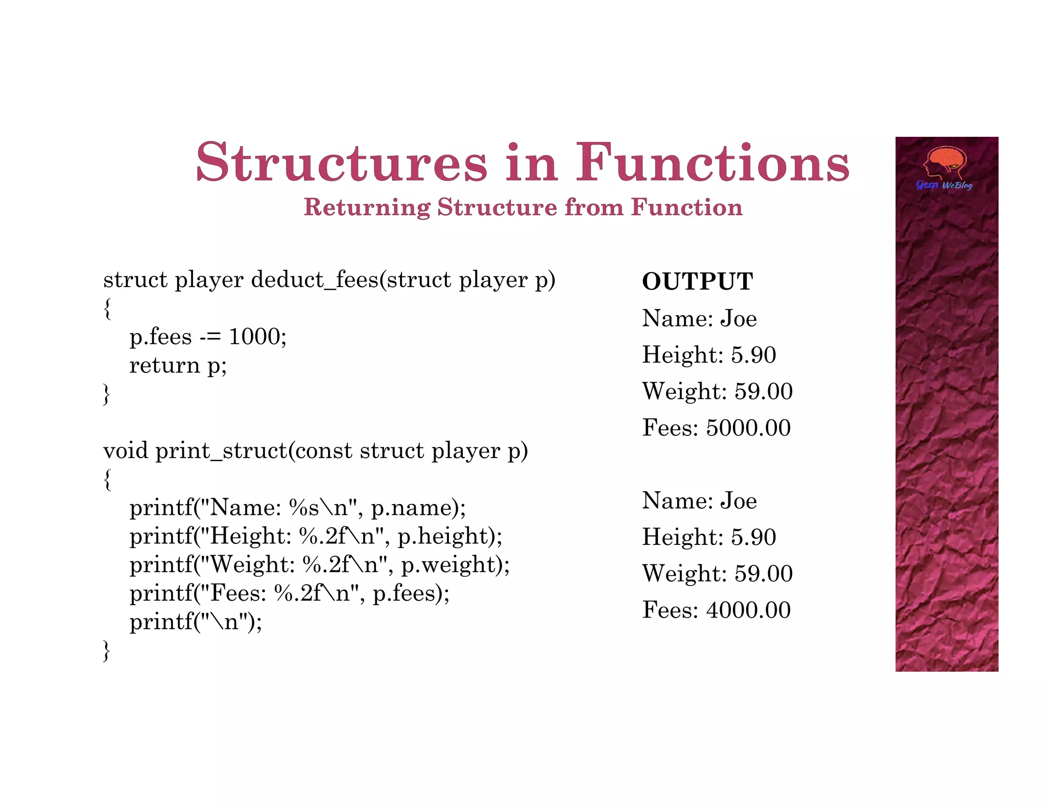 struct player deduct_fees(struct player p)
{
p.fees -= 1000;
return p;
}
OUTPUT
Name: Joe
Height: 5.90
Weight: 59.00
}
void print_struct(const struct player p)
{
printf("Name: %sn", p.name);
printf("Height: %.2fn", p.height);
printf("Weight: %.2fn", p.weight);
printf("Fees: %.2fn", p.fees);
printf("n");
}
Weight: 59.00
Fees: 5000.00
Name: Joe
Height: 5.90
Weight: 59.00
Fees: 4000.00
 
