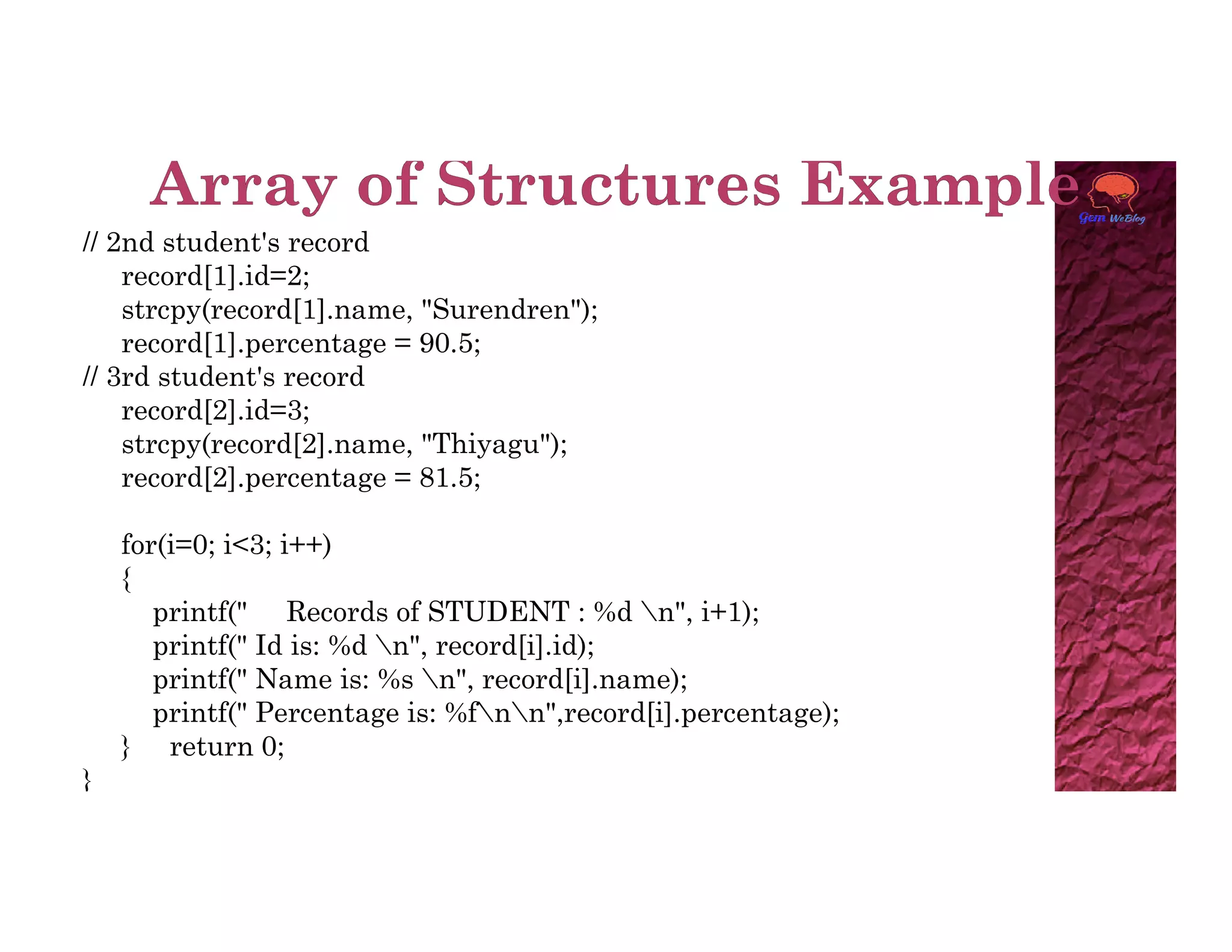 // 2nd student's record
record[1].id=2;
strcpy(record[1].name, "Surendren");
record[1].percentage = 90.5;
// 3rd student's record
record[2].id=3;
strcpy(record[2].name, "Thiyagu");
record[2].percentage = 81.5;
record[2].percentage = 81.5;
for(i=0; i<3; i++)
{
printf(" Records of STUDENT : %d n", i+1);
printf(" Id is: %d n", record[i].id);
printf(" Name is: %s n", record[i].name);
printf(" Percentage is: %fnn",record[i].percentage);
} return 0;
}
 