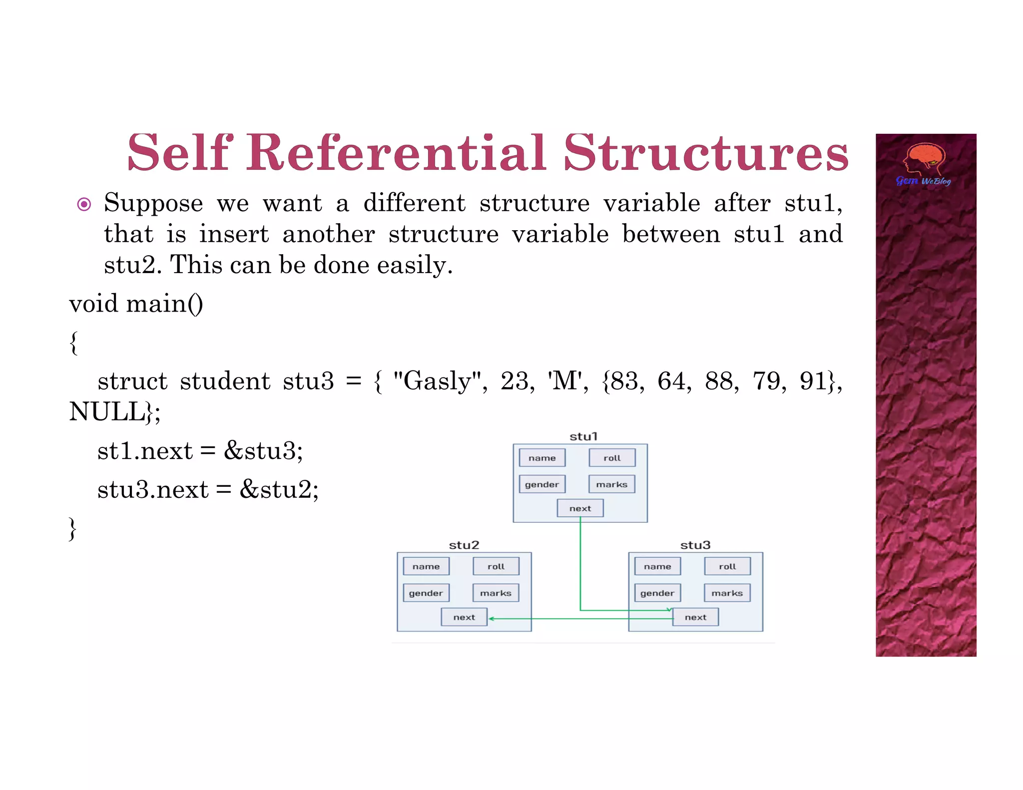  Suppose we want a different structure variable after stu1,
that is insert another structure variable between stu1 and
stu2. This can be done easily.
void main()
{
struct student stu3 = { "Gasly", 23, 'M', {83, 64, 88, 79, 91},
NULL};
NULL};
st1.next = &stu3;
stu3.next = &stu2;
}
 