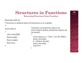#include<stdio.h>
/*structure is defined above all functions so it is global.
*/
struct player
{
void print_struct(struct player p);
struct player deduct_fees(struct player p);
int main()
{
char name[20];
float height;
float weight;
float fees;
};
int main()
{
struct player p = {"Joe", 5.9, 59, 5000 };
print_struct(p);
p = deduct_fees(p);
print_struct(p);
return 0;
}
 