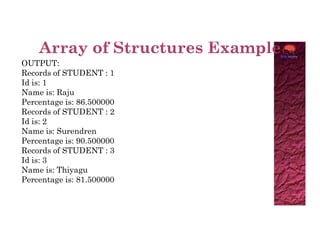 OUTPUT:
Records of STUDENT : 1
Id is: 1
Name is: Raju
Percentage is: 86.500000
Records of STUDENT : 2
Id is: 2
Id is: 2
Name is: Surendren
Percentage is: 90.500000
Records of STUDENT : 3
Id is: 3
Name is: Thiyagu
Percentage is: 81.500000
 