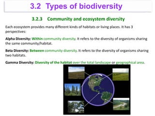 3.2.3 Community and ecosystem diversity
Each ecosystem provides many different kinds of habitats or living places. It has 3
perspectives:
Alpha Diversity: Within community diversity. It refers to the diversity of organisms sharing
the same community/habitat.
Beta Diversity: Between community diversity. It refers to the diversity of organisms sharing
two habitats.
Gamma Diversity: Diversity of the habitat over the total landscape or geographical area.
3.2 Types of biodiversity
 
