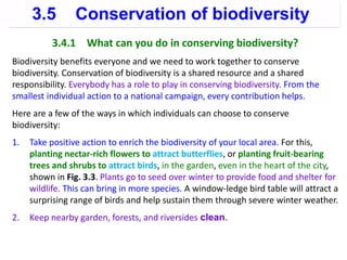 3.4.1 What can you do in conserving biodiversity?
Biodiversity benefits everyone and we need to work together to conserve
biodiversity. Conservation of biodiversity is a shared resource and a shared
responsibility. Everybody has a role to play in conserving biodiversity. From the
smallest individual action to a national campaign, every contribution helps.
Here are a few of the ways in which individuals can choose to conserve
biodiversity:
1. Take positive action to enrich the biodiversity of your local area. For this,
planting nectar-rich flowers to attract butterflies, or planting fruit-bearing
trees and shrubs to attract birds, in the garden, even in the heart of the city,
shown in Fig. 3.3. Plants go to seed over winter to provide food and shelter for
wildlife. This can bring in more species. A window-ledge bird table will attract a
surprising range of birds and help sustain them through severe winter weather.
2. Keep nearby garden, forests, and riversides clean.
3.5 Conservation of biodiversity
 