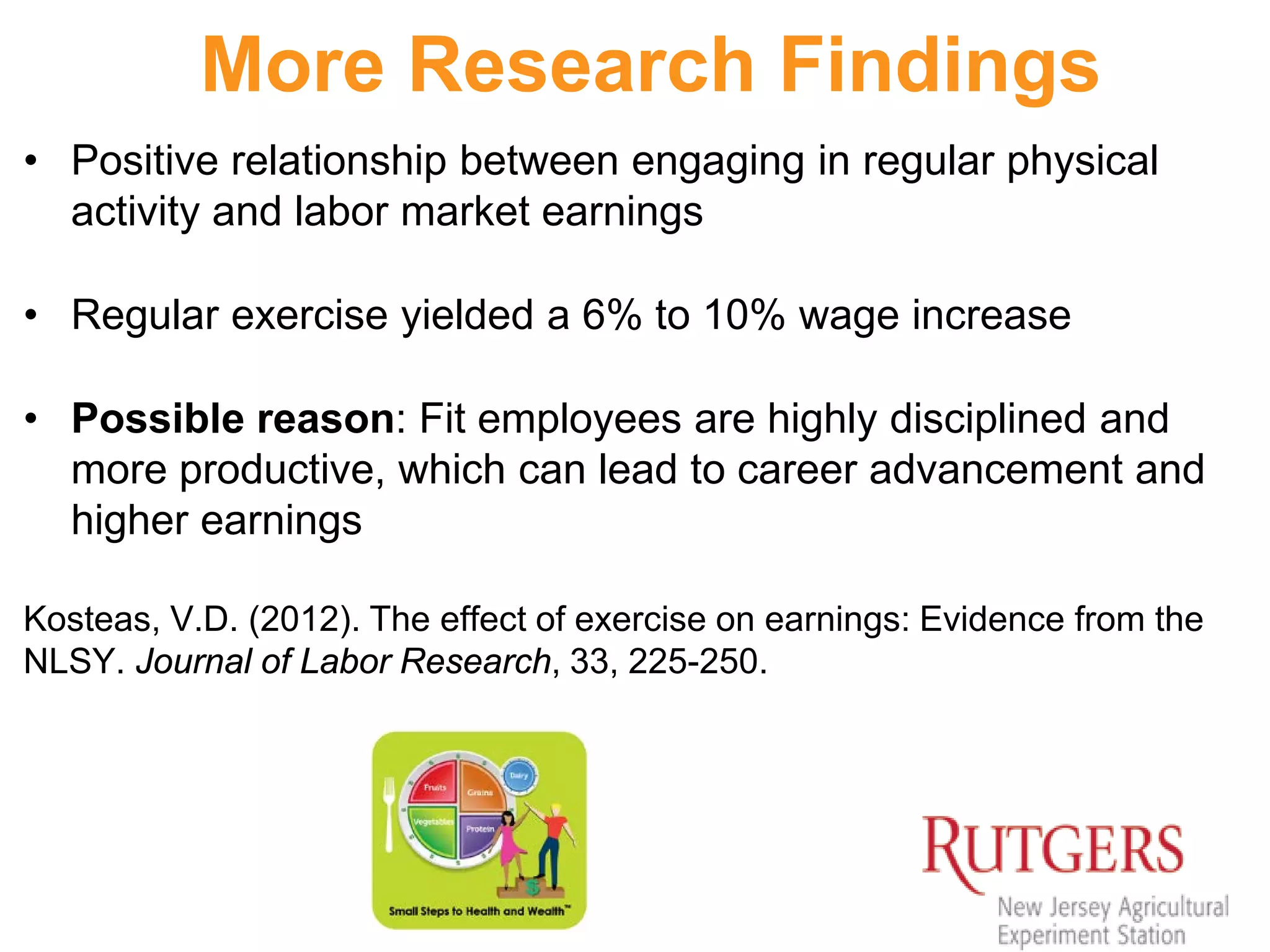 More Research Findings
• Positive relationship between engaging in regular physical
activity and labor market earnings
• Regular exercise yielded a 6% to 10% wage increase
• Possible reason: Fit employees are highly disciplined and
more productive, which can lead to career advancement and
higher earnings
Kosteas, V.D. (2012). The effect of exercise on earnings: Evidence from the
NLSY. Journal of Labor Research, 33, 225-250.
 