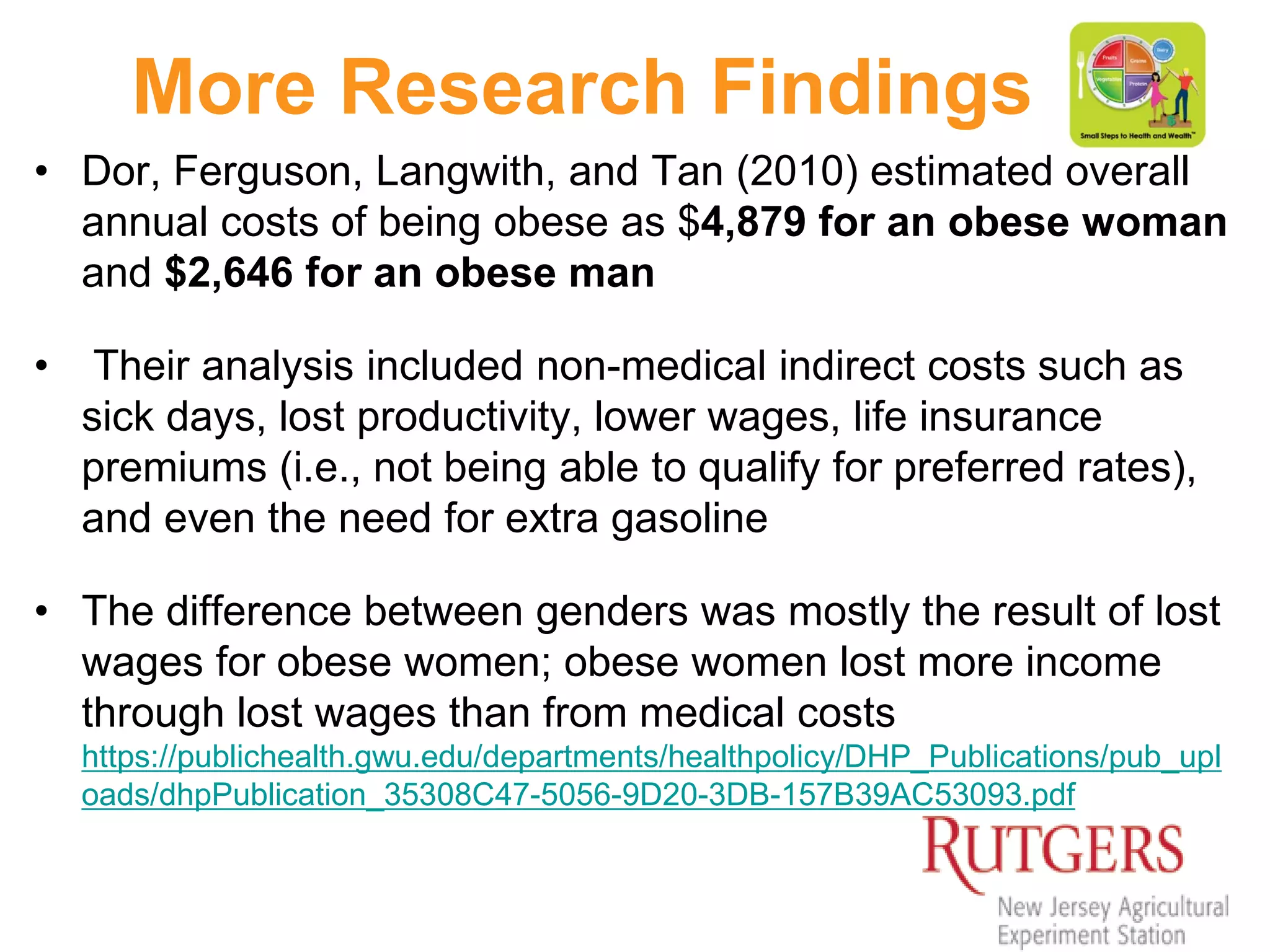 More Research Findings
• Dor, Ferguson, Langwith, and Tan (2010) estimated overall
annual costs of being obese as $4,879 for an obese woman
and $2,646 for an obese man
• Their analysis included non-medical indirect costs such as
sick days, lost productivity, lower wages, life insurance
premiums (i.e., not being able to qualify for preferred rates),
and even the need for extra gasoline
• The difference between genders was mostly the result of lost
wages for obese women; obese women lost more income
through lost wages than from medical costs
https://publichealth.gwu.edu/departments/healthpolicy/DHP_Publications/pub_upl
oads/dhpPublication_35308C47-5056-9D20-3DB-157B39AC53093.pdf
 