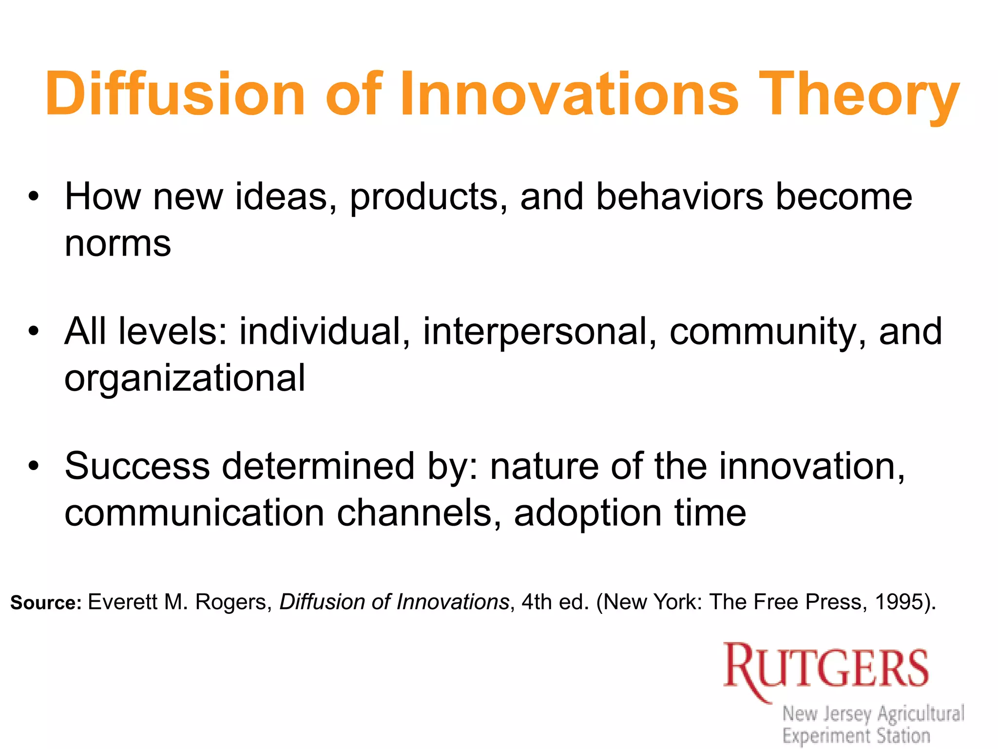 Diffusion of Innovations Theory
• How new ideas, products, and behaviors become
norms
• All levels: individual, interpersonal, community, and
organizational
• Success determined by: nature of the innovation,
communication channels, adoption time
Source: Everett M. Rogers, Diffusion of Innovations, 4th ed. (New York: The Free Press, 1995).
 