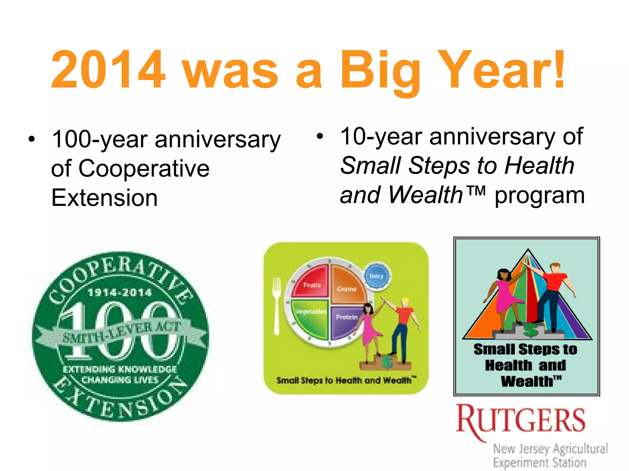 2014 was a Big Year!
• 100-year anniversary
of Cooperative
Extension
• 10-year anniversary of
Small Steps to Health
and Wealth™ program
 