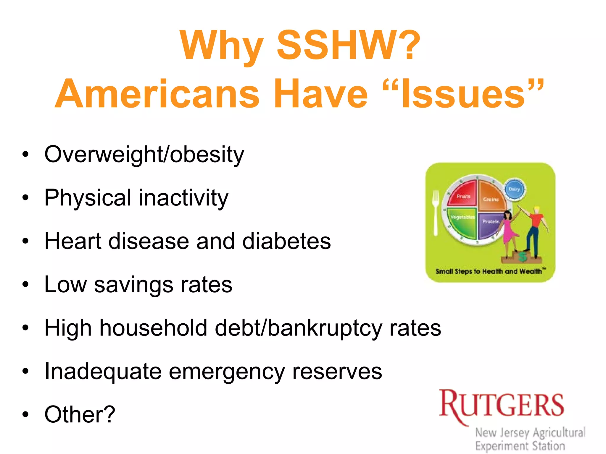 Why SSHW?
Americans Have “Issues”
• Overweight/obesity
• Physical inactivity
• Heart disease and diabetes
• Low savings rates
• High household debt/bankruptcy rates
• Inadequate emergency reserves
• Other?
 