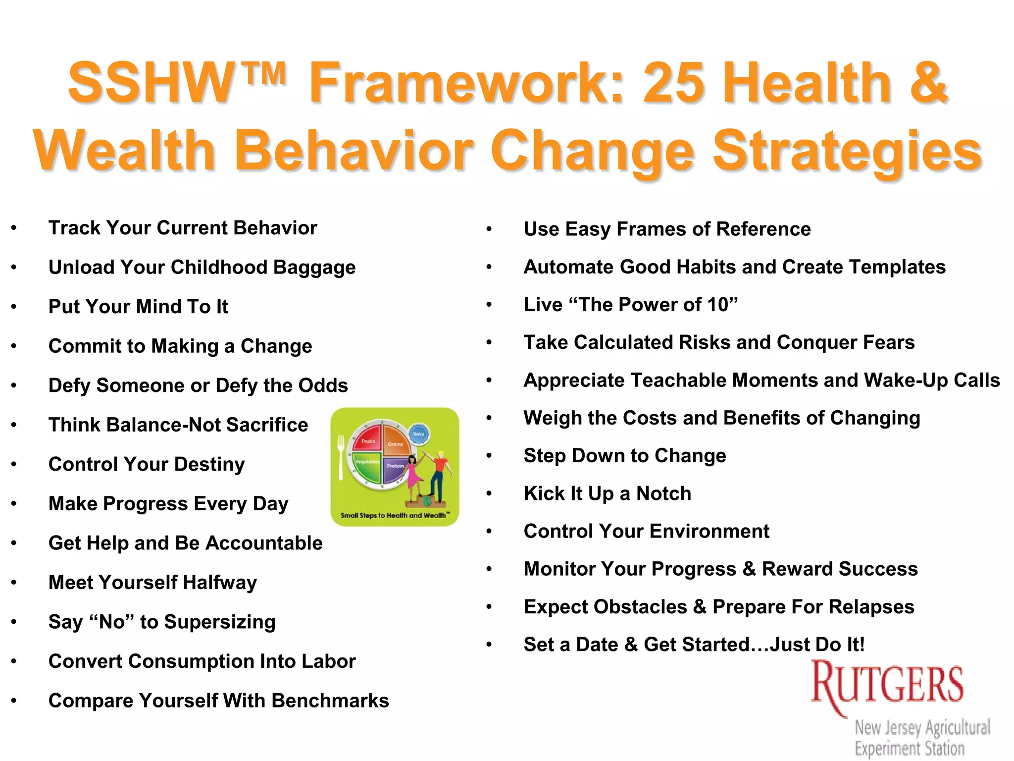 SSHW™ Framework: 25 Health &
Wealth Behavior Change Strategies
• Track Your Current Behavior
• Unload Your Childhood Baggage
• Put Your Mind To It
• Commit to Making a Change
• Defy Someone or Defy the Odds
• Think Balance-Not Sacrifice
• Control Your Destiny
• Make Progress Every Day
• Get Help and Be Accountable
• Meet Yourself Halfway
• Say “No” to Supersizing
• Convert Consumption Into Labor
• Compare Yourself With Benchmarks
• Use Easy Frames of Reference
• Automate Good Habits and Create Templates
• Live “The Power of 10”
• Take Calculated Risks and Conquer Fears
• Appreciate Teachable Moments and Wake-Up Calls
• Weigh the Costs and Benefits of Changing
• Step Down to Change
• Kick It Up a Notch
• Control Your Environment
• Monitor Your Progress & Reward Success
• Expect Obstacles & Prepare For Relapses
• Set a Date & Get Started…Just Do It!
 