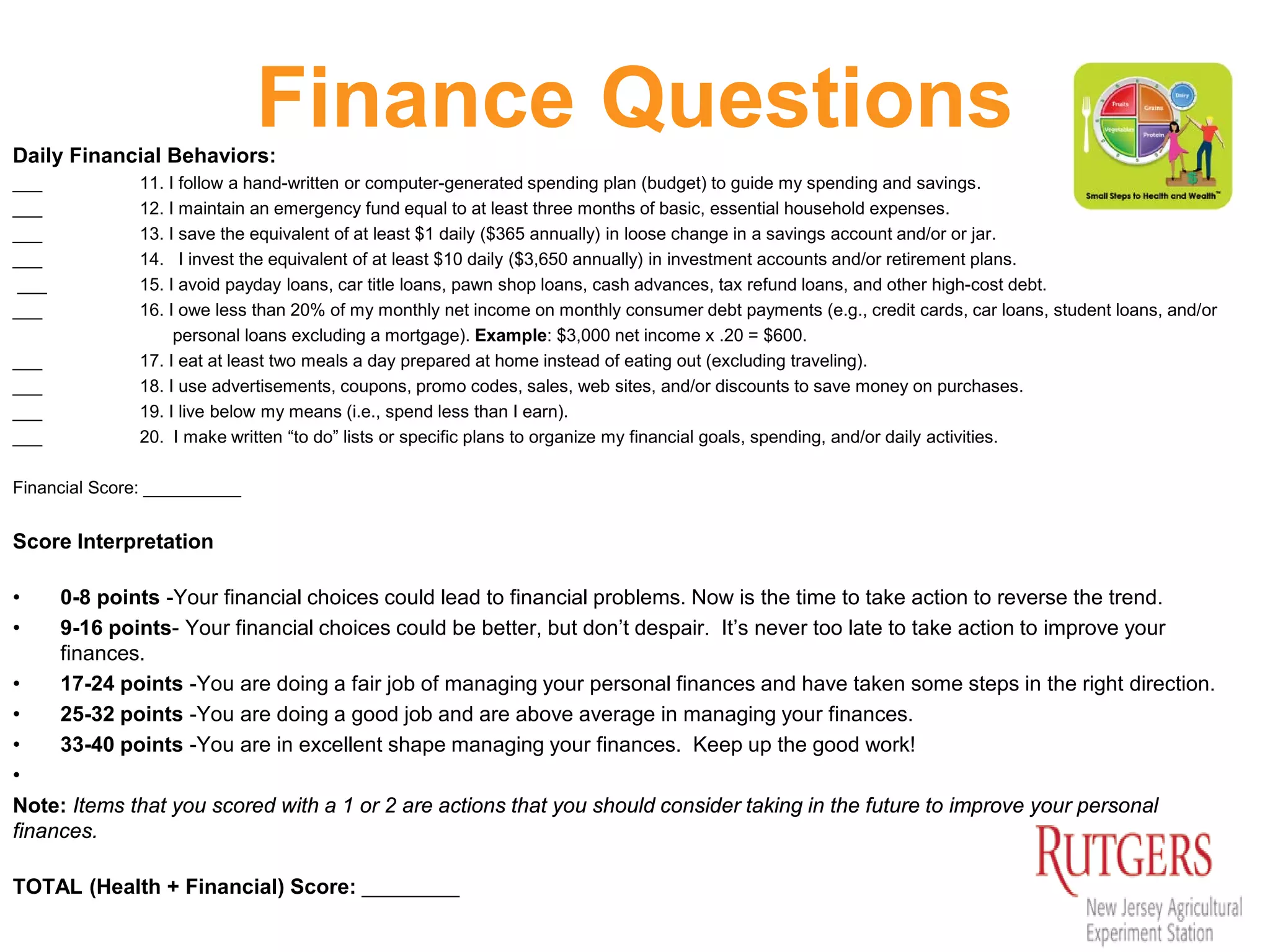 Finance QuestionsDaily Financial Behaviors:
___ 11. I follow a hand-written or computer-generated spending plan (budget) to guide my spending and savings.
___ 12. I maintain an emergency fund equal to at least three months of basic, essential household expenses.
___ 13. I save the equivalent of at least $1 daily ($365 annually) in loose change in a savings account and/or or jar.
___ 14. I invest the equivalent of at least $10 daily ($3,650 annually) in investment accounts and/or retirement plans.
___ 15. I avoid payday loans, car title loans, pawn shop loans, cash advances, tax refund loans, and other high-cost debt.
___ 16. I owe less than 20% of my monthly net income on monthly consumer debt payments (e.g., credit cards, car loans, student loans, and/or
personal loans excluding a mortgage). Example: $3,000 net income x .20 = $600.
___ 17. I eat at least two meals a day prepared at home instead of eating out (excluding traveling).
___ 18. I use advertisements, coupons, promo codes, sales, web sites, and/or discounts to save money on purchases.
___ 19. I live below my means (i.e., spend less than I earn).
___ 20. I make written “to do” lists or specific plans to organize my financial goals, spending, and/or daily activities.
Financial Score: __________
Score Interpretation
• 0-8 points -Your financial choices could lead to financial problems. Now is the time to take action to reverse the trend.
• 9-16 points- Your financial choices could be better, but don’t despair. It’s never too late to take action to improve your
finances.
• 17-24 points -You are doing a fair job of managing your personal finances and have taken some steps in the right direction.
• 25-32 points -You are doing a good job and are above average in managing your finances.
• 33-40 points -You are in excellent shape managing your finances. Keep up the good work!
•
Note: Items that you scored with a 1 or 2 are actions that you should consider taking in the future to improve your personal
finances.
TOTAL (Health + Financial) Score: __________
 