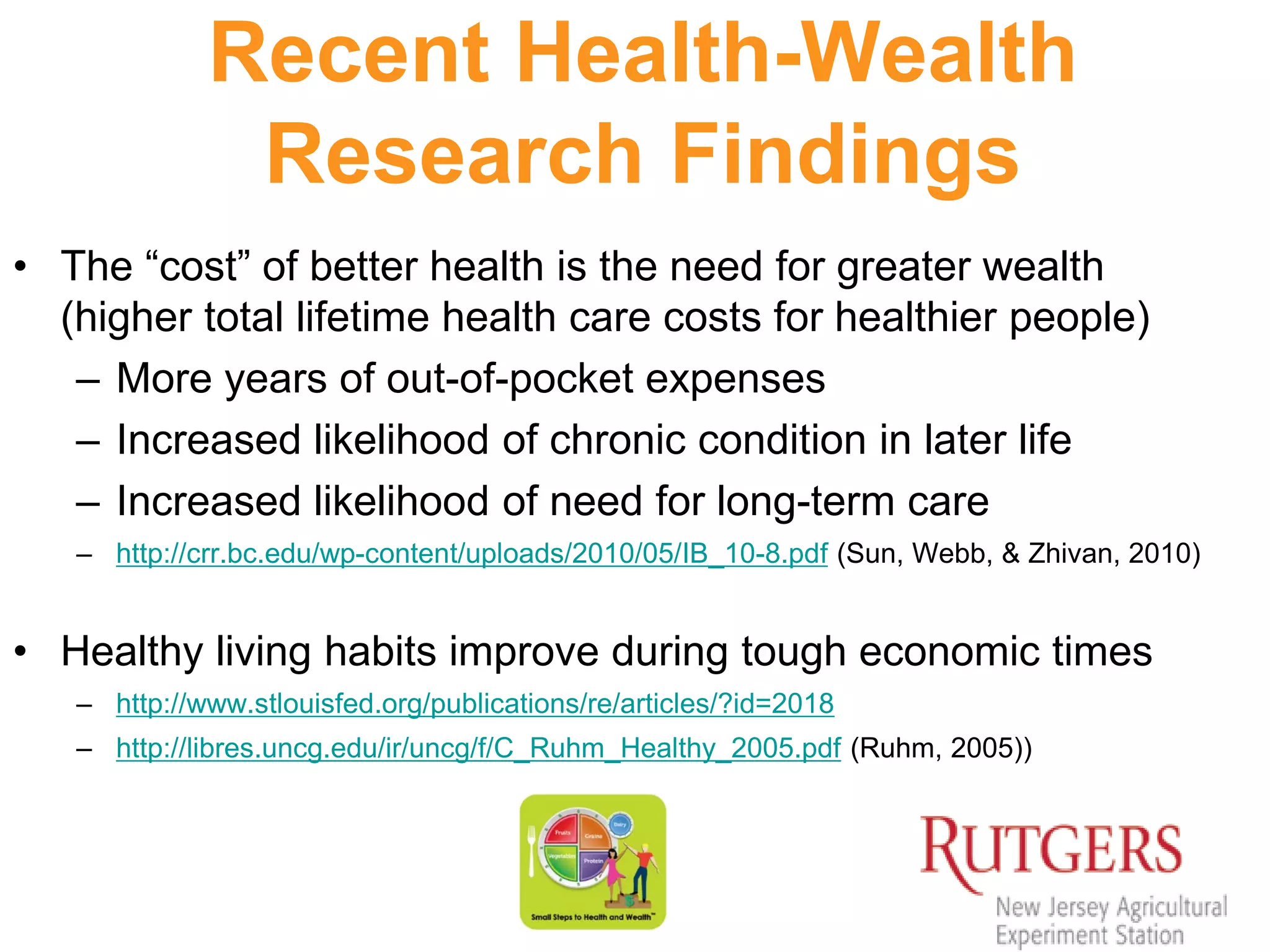 Recent Health-Wealth
Research Findings
• The “cost” of better health is the need for greater wealth
(higher total lifetime health care costs for healthier people)
– More years of out-of-pocket expenses
– Increased likelihood of chronic condition in later life
– Increased likelihood of need for long-term care
– http://crr.bc.edu/wp-content/uploads/2010/05/IB_10-8.pdf (Sun, Webb, & Zhivan, 2010)
• Healthy living habits improve during tough economic times
– http://www.stlouisfed.org/publications/re/articles/?id=2018
– http://libres.uncg.edu/ir/uncg/f/C_Ruhm_Healthy_2005.pdf (Ruhm, 2005))
 