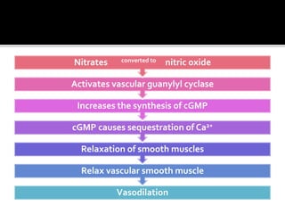 Vasodilation
Relax vascular smooth muscle
Relaxation of smooth muscles
cGMP causes sequestration of Ca2+
Increases the synthesis of cGMP
Activates vascular guanylyl cyclase
Nitrates converted to nitric oxide
 