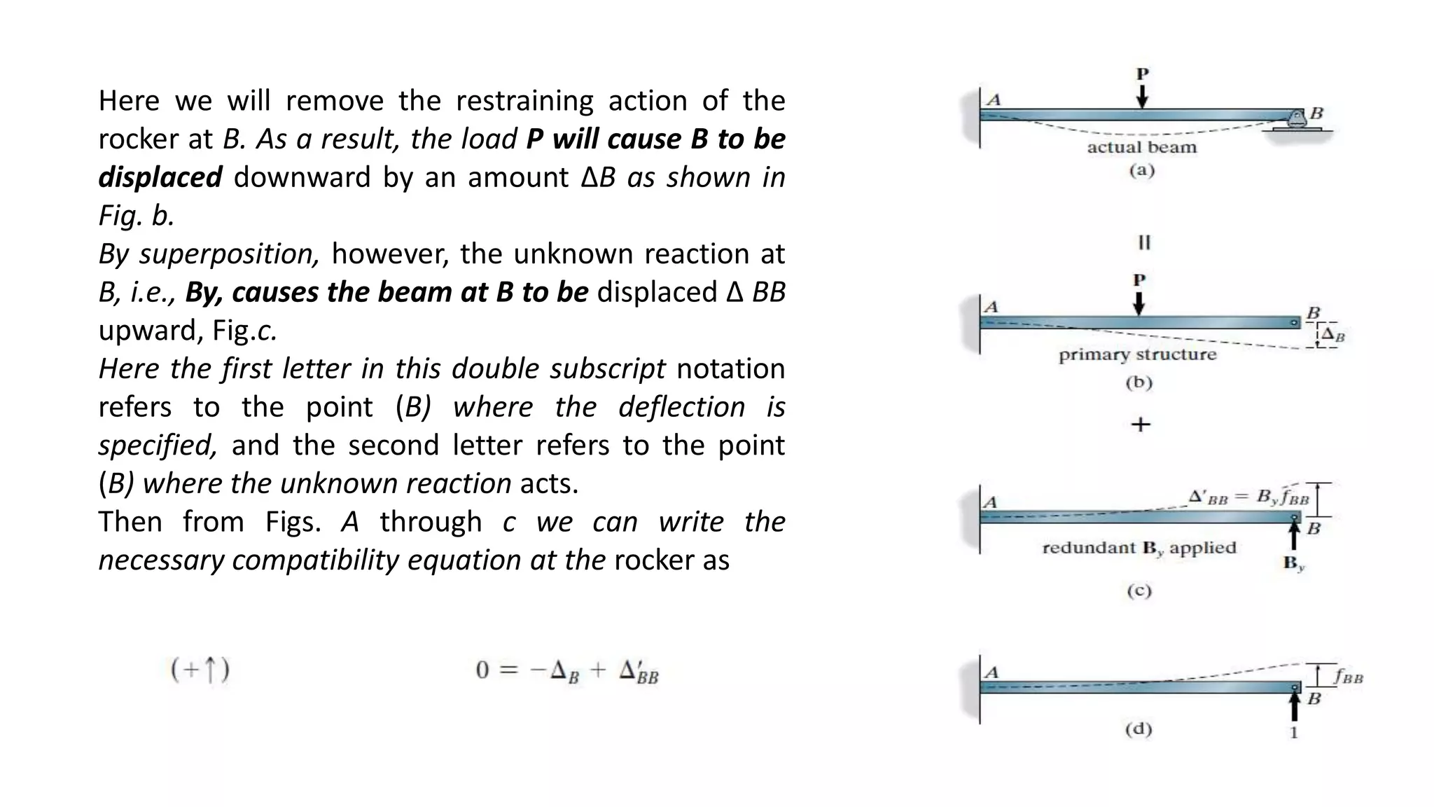 Here we will remove the restraining action of the
rocker at B. As a result, the load P will cause B to be
displaced downward by an amount ∆B as shown in
Fig. b.
By superposition, however, the unknown reaction at
B, i.e., By, causes the beam at B to be displaced ∆ BB
upward, Fig.c.
Here the first letter in this double subscript notation
refers to the point (B) where the deflection is
specified, and the second letter refers to the point
(B) where the unknown reaction acts.
Then from Figs. A through c we can write the
necessary compatibility equation at the rocker as
 