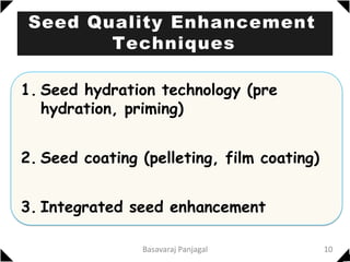 Seed Quality Enhancement
Techniques
1. Seed hydration technology (pre
hydration, priming)
2. Seed coating (pelleting, film coating)
3. Integrated seed enhancement
10
Basavaraj Panjagal
 