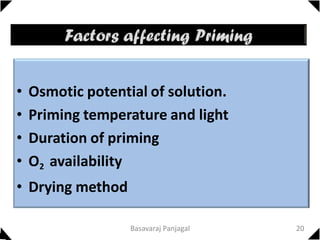 • Osmotic potential of solution.
• Priming temperature and light
• Duration of priming
• O2 availability
• Drying method
20
Basavaraj Panjagal
 