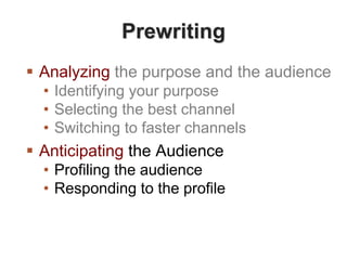 Prewriting
 Analyzing the purpose and the audience
• Identifying your purpose
• Selecting the best channel
• Switching to faster channels
 Anticipating the Audience
• Profiling the audience
• Responding to the profile
 