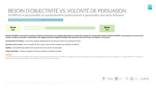 12
BESOIN D’OBJECTIVITÉ VS. VOLONTÉ DE PERSUASION
ProfilPro2 • personnalité et comportement professionnel • personality and work behavior
Raphaël COUDERC est persuasif. Il a tendance à adapter les informations à son auditoire afin d'obtenir le résultat qu'il souhaite. D'un naturel plutôt agréable, Raphaël COUDERC trouve toujours un moyen de faire
accepter ses idées par les autres. Contrairement à ses collègues plus directs, Raphaël COUDERC aime faire preuve de tact et exercer une influence sur les autres.
Environnement et fonctions : Les fonctions exigeant régulièrement de convaincre les autres lui conviennent très bien.
Interaction avec les autres : Il est susceptible de dire ce que les autres veulent entendre pour atteindre un objectif.
Qualités : Il sait parfaitement exploiter tout le pouvoir des mots à des fins de persuasion.
Limites potentielles : Il risque de masquer la vérité pour atteindre un objectif particulier.
Définition
La « volonté de persuasion » est définie comme l'aisance avec laquelle un individu arrive à convaincre et à influencer les autres en utilisant le tact et en adaptant son discours à son auditoire. Le « besoin d'objectivité » renvoie à la
tendance à faire preuve d'authenticité et de transparence dans sa façon de communiquer.
STRAIGHTFORWARDNESS VS. PERSUASIVENESS
©CENTRALTEST2019 PSYCHOMETRIC ASSESSMENTS I ABOUT.ME/RAPHAELCOUDERC
 