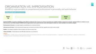 STRUCTURE VS. FREESTYLE
16
ORGANISATION VS. IMPROVISATION
ProfilPro2 • personnalité et comportement professionnel • personality and work behavior
Raphaël COUDERC est organisé et méthodique. Il aime définir les échéanciers bien à l'avance et s'y tient en s'en écartant peu. Il préfère travailler en s'appuyant sur des plans clairement définis et a tendance à ne pas
être à l'aise face à l'incertitude. Raphaël COUDERC précise soigneusement tous les points afin d'être certain d'être préparé et d'éviter les retards inattendus et les situations ambiguës.
Environnement et fonctions : Les projets exigeant une planification lui conviennent très bien.
Interaction avec les autres : Il est un atout dans les équipes peu structurées qui ont besoin d'être plus organisées pour mener à bien un projet.
Qualités : Il est préparé et organisé et mène les projets à leur terme en temps voulu.
Limites potentielles : Il risque d'éprouver des difficultés à improviser en cas d'imprévus.
Définition
L' « improvisation » est définie comme le fait d'être spontané, d'avancer sans avoir besoin de plan précis et d'être à l'aise pour gérer les imprévus. L' « organisation » renvoie à la préférence à organiser ses activités de façon
méthodique et à recourir à des procédures claires pour mener ses actions.
©CENTRALTEST2019 PSYCHOMETRIC ASSESSMENTS I ABOUT.ME/RAPHAELCOUDERC
 