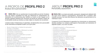 5
A PROPOS DE PROFIL PRO 2
Analyse de la personnalité
PROFIL PRO 2 est un questionnaire de personnalité́ qui permet d’analyser
avec une rigueur scientifique les traits qui influencent le comportement, les
motivations et la performance d’un individu au travail. Le test s’appuie sur la
dernière méthode statistique IRT-Thurstone qui permet de minimiser l’impact de
la désirabilité́ sociale qui constitue un enjeu majeur en situation de recrutement.
L’analyse évalue 14 dimensions en opposition, soit 28 facettes de la personnalité
et des motivations de Raphaël Couderc au 01 juin 2018.
o  Besoin d’objectivité vs Volonté de persuasion
o  Fermeté vs Flexibilité
o  Sensibilité émotionnelle vs Résistance au stress
o  Introversion vs Extraversion
o  Organisation vs Improvisation
o  Equilibre personnel vs Implication au travail
o  Intuition vs Rationalisme
o  Besoin d’encadrement vs Volonté de pouvoir
o  Besoin de réflexion vs Besoin d’action
o  Modestie vs Ambition
o  Travail en équipe vs Besoin d’autonomie
o  Individualisme vs Altruisme
o  Recherche de nouveauté vs Recherche de familiarité
o  Libre pensée vs Respect des règles
PROFIL PRO is our latest personality assessment, designed and validated with
the most recent method in psychometrics: Thurstonian IRT. It analyses, with
scientific accuracy, the traits that influence the behaviour and performance of an
individual at work.
It measures 14 set of dimensions in opposition (e.g. introversion vs. extraversion),
thereby resulting in an analysis of 28 aspects of personality and motivations of
Raphaël Couderc, as at June 1st 2018.
o  Straightforwardness vs. Persuasiveness
o  Firmness vs. Flexibility
o  Emotional sensitivity vs. Emotional distance
o  Introversion vs. Extraversion
o  Structure vs. Improvisation
o  Intuition vs. Focus on facts
o  Personal balance vs. Involvement at work
o  Desire for guidance vs. Desire to lead
o  Need for reflection vs. Need for action
o  Humility vs. Ambition
o  Team work vs. Autonomy
o  Individualism vs. Altruism
o  Free-thinking vs. Rule-following
o  Familiarity seeking vs. Novelty seeking
ABOUT PROFIL PRO 2
Personality assessment
©CENTRALTEST2019 PSYCHOMETRIC ASSESSMENTS I ABOUT.ME/RAPHAELCOUDERC
 