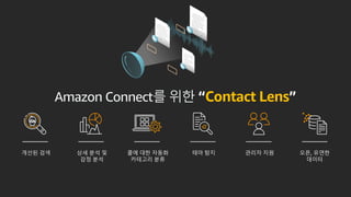 Amazon Connect를 위한 “Contact Lens”
개선된 검색 상세 분석 및
감정 분석
콜에 대한 자동화
카테고리 분류
테마 탐지 관리자 지원 오픈, 유연한
데이터
 