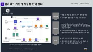 © 2021, Amazon Web Services, Inc. or its Affiliates. All rights reserved.
 Amazon Connect, Amazon Lex, Amazon
Polly를 사용하여 제품 정보 조회 등의 간단한
작업을 자동화
 Amazon Transcribe를 연계하여 텍스트로
변환된 콜센터 통화 내역을 지속적으로 분석
Amazon Transcribe, Comprehend 기능을 연계한 콜센터
 매월 수 백만 분 분량의 고객 통화를 대응
 고객에게 불필요한 시간을 최소화 필요
 고객 대응 시간을 획기적으로 줄임
 콜센터 통화 내역을 분석 (텍스트 등) 하여
회사 내부 업무 프로세스를 개선
클라우드 기반의 지능형 컨택 센터
 