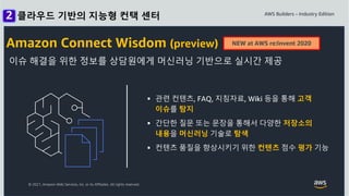 © 2021, Amazon Web Services, Inc. or its Affiliates. All rights reserved.
Amazon Connect Wisdom (preview)
이슈 해결을 위한 정보를 상담원에게 머신러닝 기반으로 실시간 제공
 관련 컨텐츠, FAQ, 지침자료, Wiki 등을 통해 고객
이슈를 탐지
 간단한 질문 또는 문장을 통해서 다양한 저장소의
내용을 머신러닝 기술로 탐색
 컨텐츠 품질을 향상시키기 위한 컨텐츠 점수 평가 기능
NEW at AWS re:Invent 2020
클라우드 기반의 지능형 컨택 센터
 