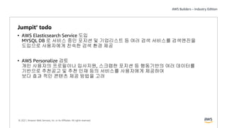 © 2021, Amazon Web Services, Inc. or its Affiliates. All rights reserved.
Jumpit’ todo
• AWS Elasticsearch Service 도입
MYSQL DB 로 서비스 중인 포지션 및 기업리스트 등 여러 검색 서비스를 검색엔진을
도입으로 사용자에게 친숙한 검색 환경 제공
• AWS Personalize 검토
개인 사용자의 프로필이나 입사지원, 스크랩한 포지션 등 행동기반의 여러 데이터를
기반으로 추천공고 및 추천 인재 등의 서비스를 사용자에게 제공하여
보다 효과 적인 콘텐츠 제공 방법을 고려
 