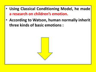 • Using Classical Conditioning Model, he made
a research on children’s emotion.
• According to Watson, human normally inherit
three kinds of basic emotions :
 