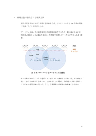 9
4. 現場実装で想定される配置方法
堤防が変状するであろう状態にも依存するが、センサーノードを 20m 程度の間隔
で埋設することが想定される。
ゲートウェイは、その設置場所の周辺環境に依存するため一概にはいえないが、
例えば、
堤防から 1km 離れた場所に、
等間隔で設置していくなどが考えられる
（図
4）
。
図 4 センサーノードとゲートウェイ設置例
それぞれのゲートウェイの通信エリアをより広く確保するためには、周辺環境で
高いビルなどの屋上に設置することが望ましい（図 5）
。上位側への通信手段とし
て 3G/4G の通信 SIM を用いることで、設置現場では電源のみ確保すれば良い。
 